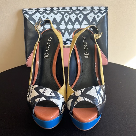 Aldo Platform Peep Toe Sling Back Heel in Black, Yellow, Blue, Orange w/ Clutch - Picture 4 of 6